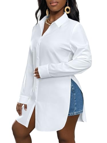 LYANER Women's Collar V Neck Button Front Long Sleeve Slit Hem Long Shirt Blouse Top2