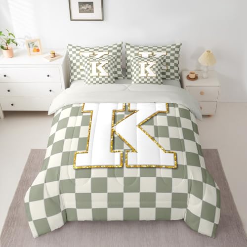 Image of Erosebridal Sage Green Checkered Full Comforter Set with Sheets 7 Piece Plaid Initial K Bed in A Bag Personalized Monogram Bedding Sets for Kids Adults,Fashion Grids Gingham Bed Set