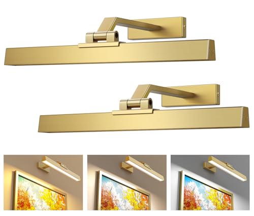Image of Afyuol Picture Lights for Wall, Brushed Gold Battery Operated Picture Light 16in Art Light CCT Dimmable Recharging Battery Wall Light with Remote Control for Living Room Gallery 2PCS