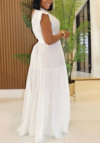 Women's 2025 Linen One Shoulder Dresses Summer Casual Sleeveless Flowy Ruffle Beach Vacation Maxi Dress4