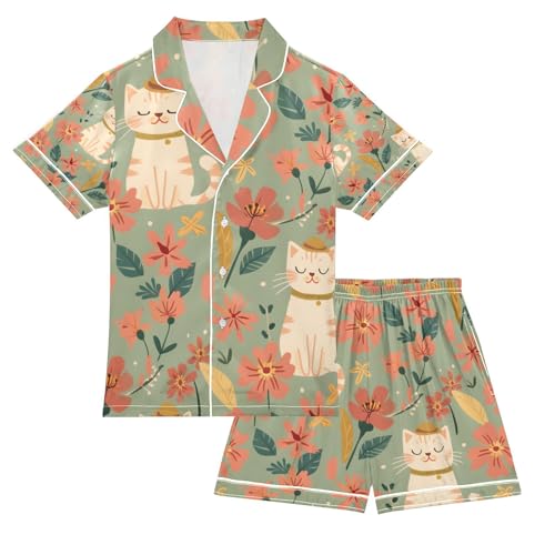 senya Cartoon Cat and Flower A Satin Summer Pajama Sets Silk Short Sleeve Button Down Sleepwear