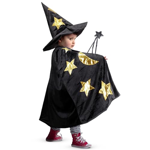 Disfraz infantil de bruja con capa, sombrero y varita miniatura 1