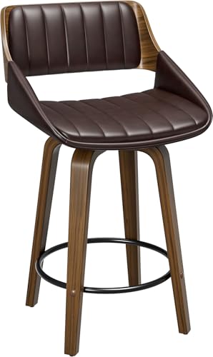 Image of YaFiti Swivel Bar Stools, 26 inch Counter Height Barstools, Mid Century Modern Counter Stools with Bentwood Back and Legs, Upholstered Faux Leather Bar Chairs for Kitchen Island, Bar, Dining Room, Brown