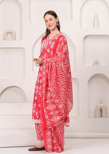 Image of Ethnic Villa Traditional Red Floral Anarkali Suit with Dupatta, Long Sleeve Cotton Dress Set, Printed Kurta Palazzo with Dupatta Set (Pack of 1)