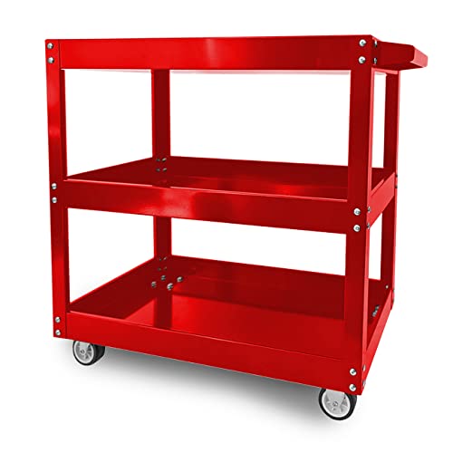 Lfgud 3-Tier Utility Cart, Commercial 3 Shelves Steel Service Tool Cart With Wheels, Heavy Duty Rolling Mechanic Tub Storage Cart For Warehouse Office Garage, 330Lbs Load Capacity, Red #TOP4
