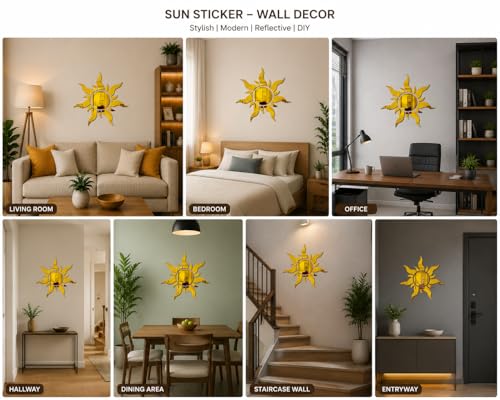 Image of Golden Sun Mirror Wall Stickers | 3D Acrylic Sunburst Mirror Sticker for Wall Decoration | Self Adhesive DIY Mirror Decals for Living Room Bedroom Hall Kitchen (Pack of 1)
