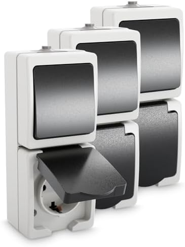 greate 3x Aufputz Schalter Steckdose Kombination mit IP54 für Feuchtraum | Aufputzsteckdose mit Wechselschalter 250V & 16A