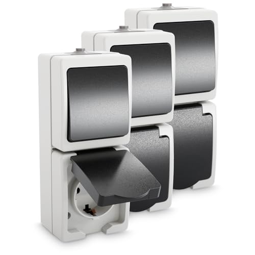 greate 3x Aufputz Schalter Steckdose Kombination mit IP54 für Feuchtraum - Steckdose Aufputz mit Wechselschalter 250V & 16A - Aufputzsteckdose mit Schalter, Steckdose Schalter Aufputz