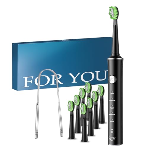 JTF Spazzolino Elettrico Sonico con 8 Testine & Raschietto Lingua, 5 Modalità e Smart Memory, Timer 2 Minuti, Impermeabile IPX7, Rechargeabilité Ricarica Rapida 3H, Adulto (Nero)