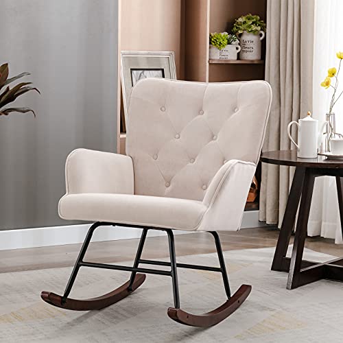 Image of Small Velvet Rocking Chair, Upholstered Accent Rocker Chair for Baby Nursery, Comfy Side Armchair for Living Room and Bedroom (Beige)