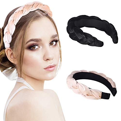 90s Vintage Velvet Thick Braids Headband For Women Girls Daily Party, Wide Padded Headbands By Hand Made, Hair Bands Twist Knotted Hairbands Hair Hoop For Wedding Cocktail