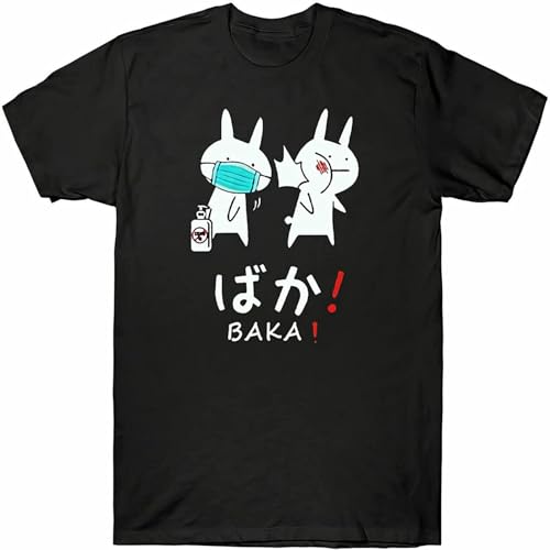 QISHUBAO Baka Rabbit Slap Otaku Mens T-Shirt Cotton Unisex Black Tee Tops XL