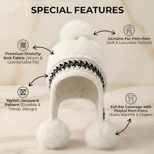 Image of Kraptick Children's Winter Cap: Velvet Thick Warm Woolen Knit Hat with Ear Protection for Children Stylish Korean Beanie with Long Pompom Ears & Fleece Lining Perfect for Winter -4