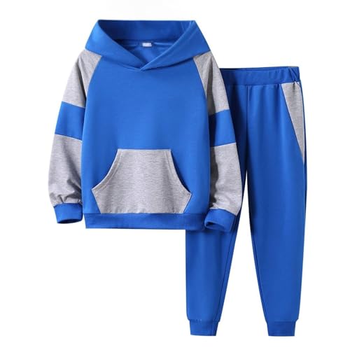 Image of 5-11Y Boys Clothes Long Sleeve Hooded Pullover Colorblock Sweatshirt + Pants 2pcs Fall Winter Outfit Set