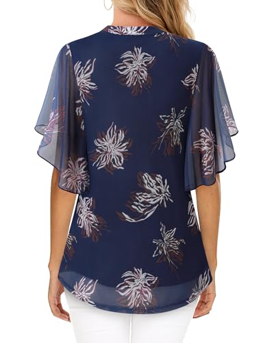Image of Timeson Women's Short Sleeve V Neck Blouses Shirts Floral Double Layers Mesh Tunics Tops