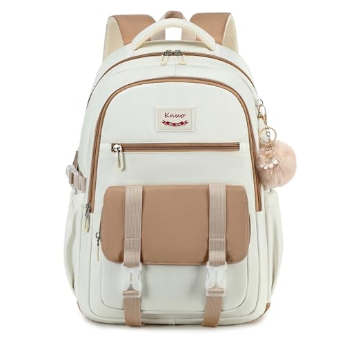 School Backpack for Teen Girls College Backpacks for Women Students Bookbag Large 15.6 Inch Laptop Bags Kids Kindergarten Elementary Middle School Bag Anti Theft Daypack Travel Back Pack Beige