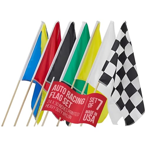 AGAS Official Auto Racing Flags Set - Set of 7-24 x 30 inch Printed Single Sided on Heavy Duty Nylon - Mounted on 30 inch Natural Wood Pole - For Race Car Sports Event