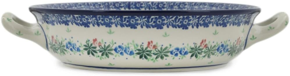 Polmedia Polish Pottery Round Baker with Handles - Texas Wildflower Pattern Handmade in Boleslawiec Poland by Ceramika Artystyczna + Certificate of Authenticity