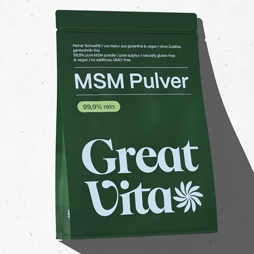 GreatVita MSM Pulver 1000g - 99,9% Methylsulfonylmethan, feiner & organischer Schwefelpulver - MSM powder zum Mischen in Wasser, Saft & Smoothies - 1kg Vorrat, ohne Zusätze, glutenfrei & non-GMO