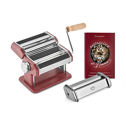 SPRINGLANE Manuelle Nudelmaschine Nonna, Edelstahl, Pastamaker inkl. Rezeptheft, Nudeltrockner, Linguineaufsatz & 3 Schneideaufsätze für Spaghetti, Lasagne, Tagliatelle - Rot