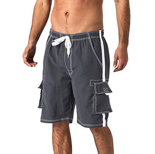 Men's Cargo Swim Trunks Big and Tall Quick Dry Loose Beachwear Mesh Lining Bathing Suit Grey