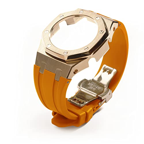 Image of GA2100 Stainless Steel Watch Case with Metal Watchband and Rubber Strap Mod Kit - Compatible with GA-2100 /GA-2110 /GA-B2100 Series - Watch Part Replacement