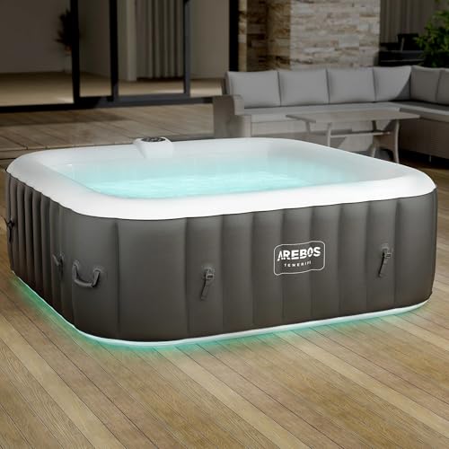 Arebos SPA Hinchable Whirlpool | Bañera de hidromasaje | 185x185cm | para 6 Personas | Banda Luminosa LED | 130 chorros de Masaje | 910 litros | Incluye Cubierta | Masaje de Burbujas y Bienestar
