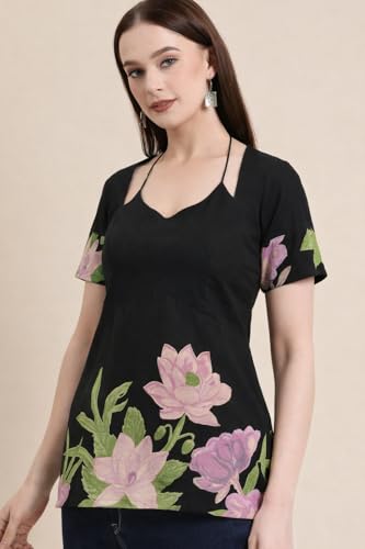 Image of Women's Floral Pure Cotton V-Neck Short Kurti (Has Lining) | Lightweight Short Sleeve Tunic | Breathable Stylish Casual & Office Wear Top