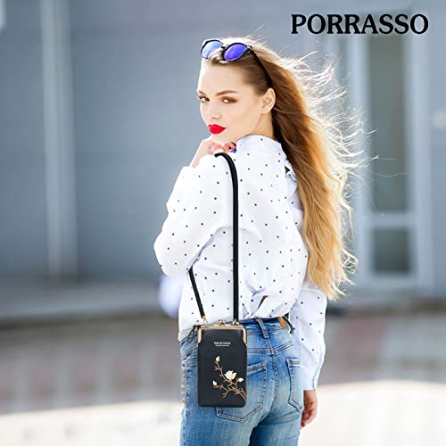 PORRASSO Fashion Phone Bag Crossbody Bag Women Purse Shoulder Bag with Card Slots Leather Mini Wallet Black2