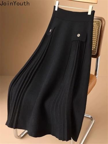 Women Vintage Skirts High Waist A-Line Thicked Korean Loose Saia Knitted Pleated Long Skirt 6