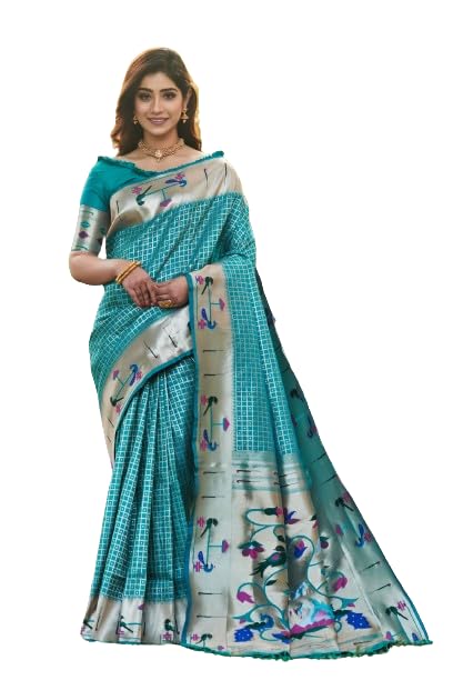 J.J. Traders Banarasi Soft Silk Paithani Saree with fancy meena & zari weaves Border and exclusive zari pallu and all over checks weaving pattern with Fancy Colourfull Tassels