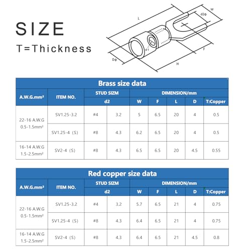 200Pcs 22-16 AWG Red Copper #8 Insulated Fork Spade Wire Connector,U-Type Electrical Crimp Terminals (#8 22-16awg ?100Red+100Black?)