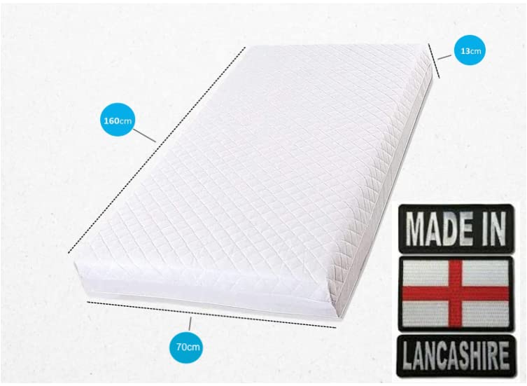 Super Soft Cot Bed Mattress 100% Foam – Waterproof Removable Washable Cover, Breathable Airflow, Hypoallergenic & Chemical-Free, Made in England to British Safety Standards (160 x 70 x13)