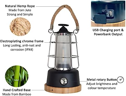 HARPER LIVING Rechargeable Camping LED Retro Water Resistant Lantern, 6 Watts 370 Lumen 5000mAh Power Bank, Dimmable and Colour Changing, for Living Room, Garden, Camping, Fishing, Hiking, Power cuts
