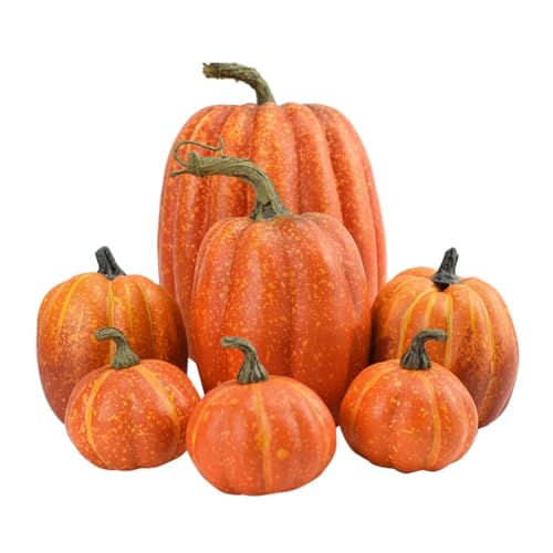 HOLIDYOYO Mini Artificial Pumpkins, 7pcs Lifelike Simulation Mini Pumpkins Fall Mini Artificial Pumpkins Halloween Thanksgiving Autumn Theme Party Decorations Orange