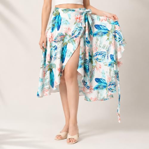Image of Women's Floral & Animal Print Wrap Skirt - Midi Length A-Line Summer Skirt with Side Tie-Up, Tropical Cheetah Tiger Casual Beach Wear