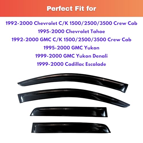Image of KPY Rain Guards Fit for 1992-2000 Chevrolet /GMC C /K 1500 /2500 /3500 Crew Cab, Out-Channel Window Visors Vent Deflector 4PC, 1995-2000 Chevy Tahoe /GMC Yukon, 1999-2000 GMC Yukon Denali /Cadillac Escalade