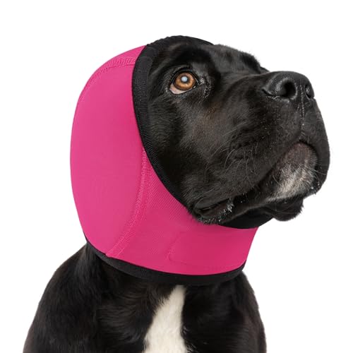 Image of Dog Ear Wraps Dog Calming Hoodie Anxiety Relief Ear Cover for Dogs | Water Resistant Noise Protection Ears Muffs for Firework, Grooming, Thunderstorms, Swimming, Bathing, Hot Pink M