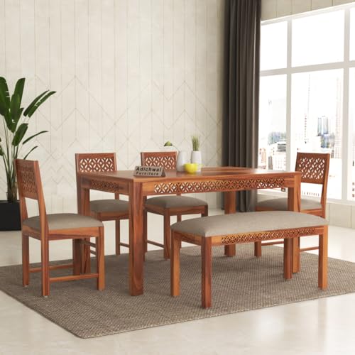 Image of Sheesham Wood 4 Chair with 1 Bench Dining Table Set with Cushioned Chairs for Dining Room | Living Room | Home & Office | (6 Seater with Bench, Honey A)