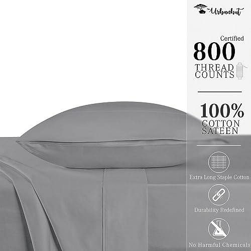 URBANHUT 800 Thread Count Egyptian Cotton Sheets Twin Size, Long Staple Sheets Set for Twin Size Bedding, 3 Pc Bed Sheet Sets, Luxury Hotel Sateen Sheets Fits 16" Deep Pocket - Dark Grey