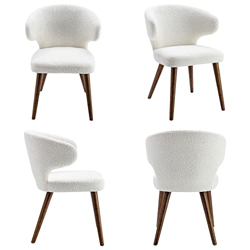 Rivova Upholstered Accent Arm Chairs Set Of 6, Faux Sherpa Mid Century Modern Dining Chairs For Kitchen Dining Room Side Chairs With Wood Legs, White #TOP6
