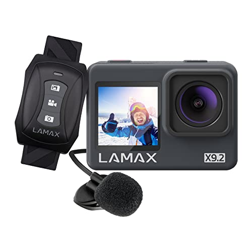 LAMAX Caméra d'action X9.2 avec résolution 4K à 60 fps, Meilleure stabilisation MAXSmooth, écrans de 1,3″ sur Le Devant, 22 Accessoires, télécommande, Microphone Externe, Wi-FI, étanche jusqu'à 40 m