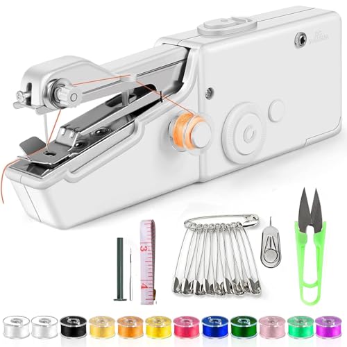Máquina de coser portátil de mano, Mini máquina de coser portátil para principiantes y profesionales - Costura rápida con kit de accesorios para ropa, cortinas, manualidades, hogar y viajes.