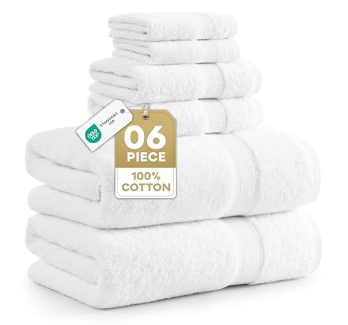 Image of LANE LINEN White Bath Towels for Bathroom Set-100% Cotton 6 Pc Bathroom Towels, Super Soft Hotel Collection Bath Towels Set - 2 Bath Towel Set, 2 Hand Towel, 2 Washcloths - White Towels Bathroom Sets
