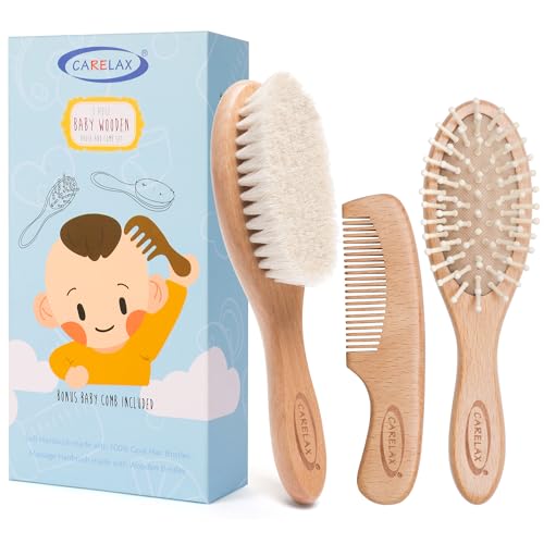 Image of Baby Hair Brush & Comb Set, Organic Wooden Hairbrush Natural Goat Bristles 3-Piece for Newborns & Toddlers, Ideal for Cradle Cap & Itching, Perfect Shower and Registry Gift for Infant, Toddler, Kids