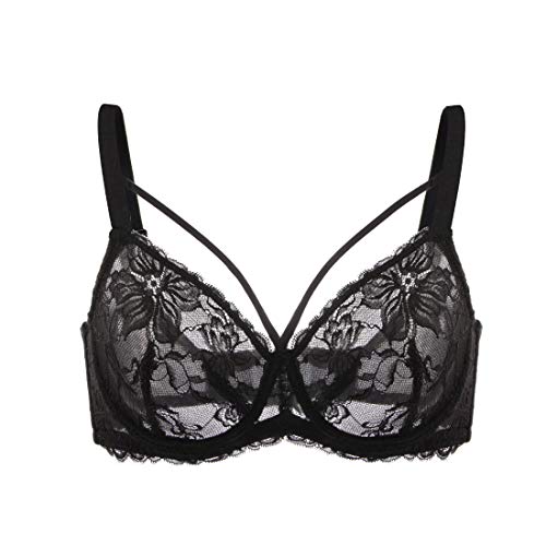 HSIA Women s Underwire Minimizer Bra Unlined Full Bust Bra Non-Padded Plus Size Bra Sexy lace Sheer Bandage Bra 38D Black