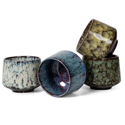 Ceramic Espresso Cups Set of 4, Double Walled 2oz Espresso Coffee Mugs for Eespresso Cups, Special glazed Demitasse Cups Expresso Coffee Cup for Espresso Machine 4-color mixing