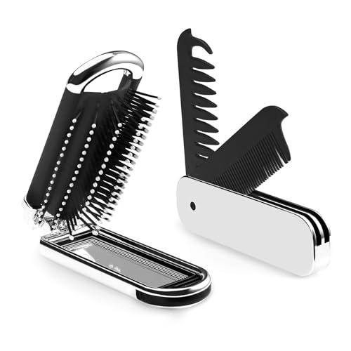 Modixun Lot de 2 peignes pliants de voyage et brosse à cheveux avec miroir, 2 en 1 peigne à cheveux large + dents fines, petit peigne de poche pliable pour homme et femme, coiffure, boucles,