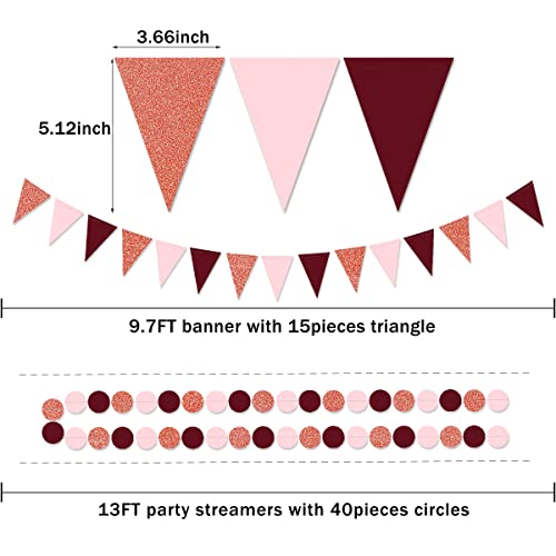Image of Rose-Gold Pink Burgundy Party Decorations,23pcs Tissue Paper Flower Pom Poms Tassel Garland Pennant Banner Flags Streamers Women Girl Birthday Baby Bridal Shower Engagement Bachelorette Wedding Decor