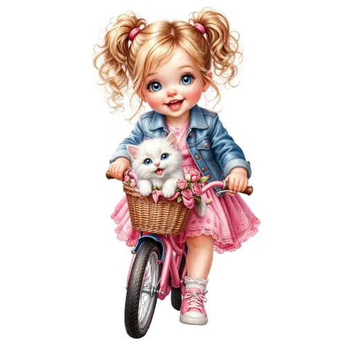 Image of Rangoli Cute Girl Wall Sticker 12.5 x 12.5 Inch Cartoon Bicycle & Cat Design Self Adhesive Wall Decor for Kids Room Nursery Bedroom Baby Room Wall Art